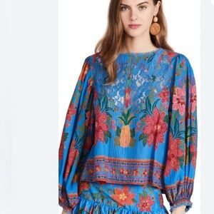 FARM Rio Blue and Red Artistic Long Sleeve Blouse lace inset